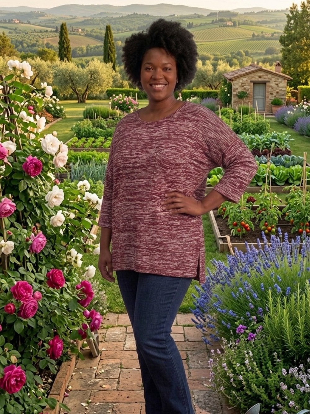 Umgee Marled Wine Scoop-Neck Pocket Lightweight Sweater